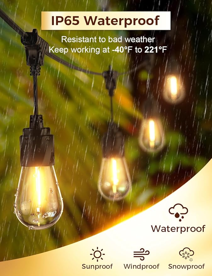 XMCOSY+ 48FT Outdoor String Lights Waterproof - LED Patio Hanging Lights for Outside Porch Backyard Gazebo Garden, Commercial Grade 16 Edison Bulbs