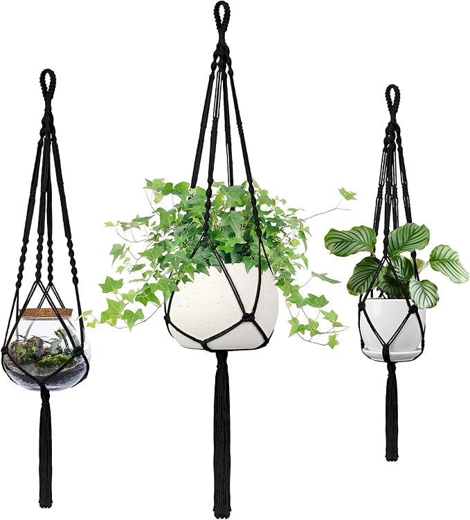 Macrame Plant Hanger, 34"/41"/46" 3 Sizes, Hanging Planters for Indoor Outdoor Plants, Flower Pot Holder with Wood Beads & Tassels for Boho Home Decor, 3 Pack, Black