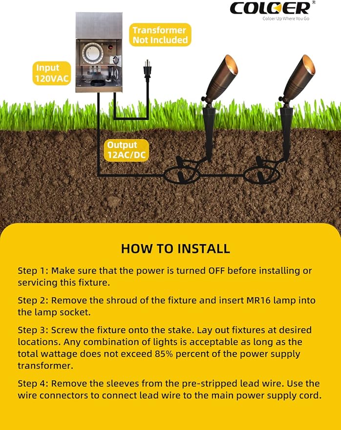 COLOER Die-cast Brass Landscape Spotlights Outdoor with 5W Aluminum Housing LED MR16 Bulb 2700K 450LM,12V AC/DC Low Voltage Lighting, Outdoor Directional Up Light, Spot Lights for Yard(102B,1 Pack)