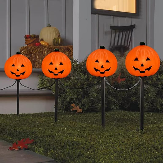 Halloween Pumpkin Pathway Markers Lights Outdoor, 7Ft Connectable C7 Halloween Decorations Pathway String Lights with 4 Pumpkin Stakes Lights for Outdoor Garden Walkway Yard Driveway Lawn Party Decor