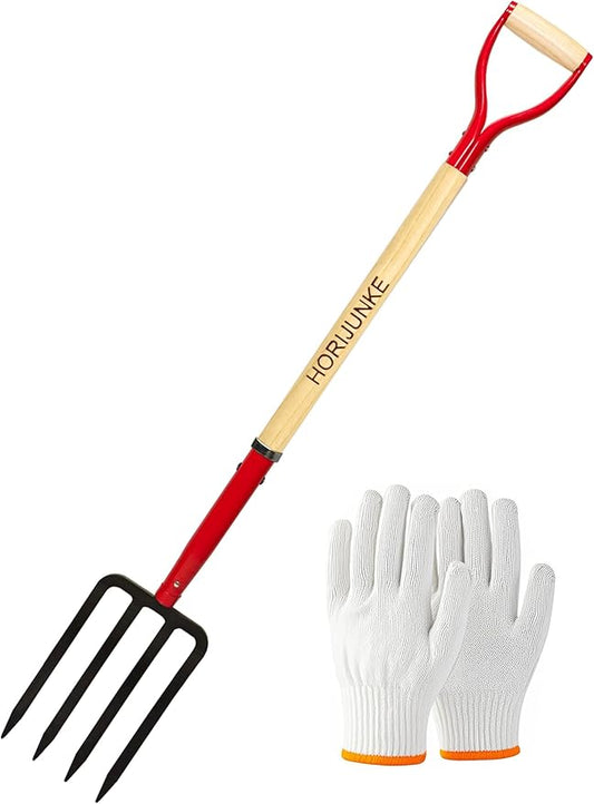 Heavy Duty Garden Fork for Digging, 4 Tines Pitch Fork for Gardening Compost, Garden Pitch Fork with Wooden Handle, 45 Inches-Red