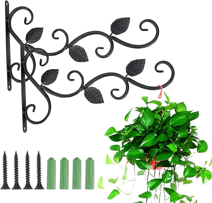 3 Leaves Style Metal Hanging Plant Brackets 12 inches x 7.5 inches, Pack of 2, Wall Mount Plant Hangers, Planter Hooks for Flower Baskets, Bird Feeders in Corridor/Patio/Porch/Garden