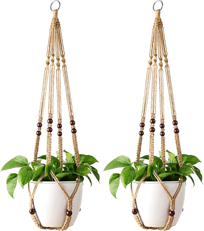 Mkono Macrame Plant Hanger Indoor Jute Hanging Planter Basket with Wood Beads Decorative Flower Pot Holder No Tassels for Indoor Outdoor Boho Home Decor 35 Inch, Brown, Set of 2 (POTS NOT Included)
