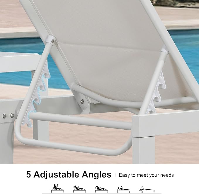 PURPLE LEAF Outdoor Chaise Lounge Staight Legs Adjustable Sunbathing Recliner with Side Table Cream 2 Sets