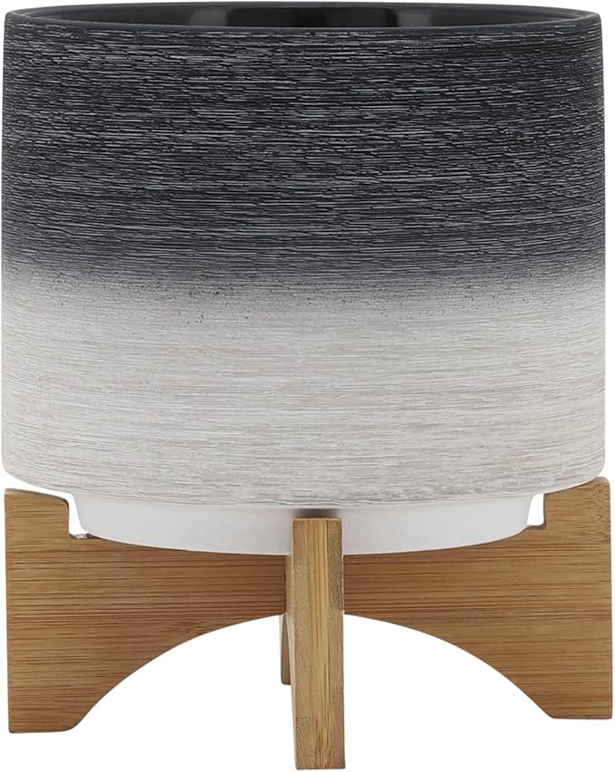 Sagebook Home 8" Planter on Stand - Ceramic Planter on Wooden Base - Contemporary Gray and White Textured Design Indoor or Outdoor Plant Stand Decor
