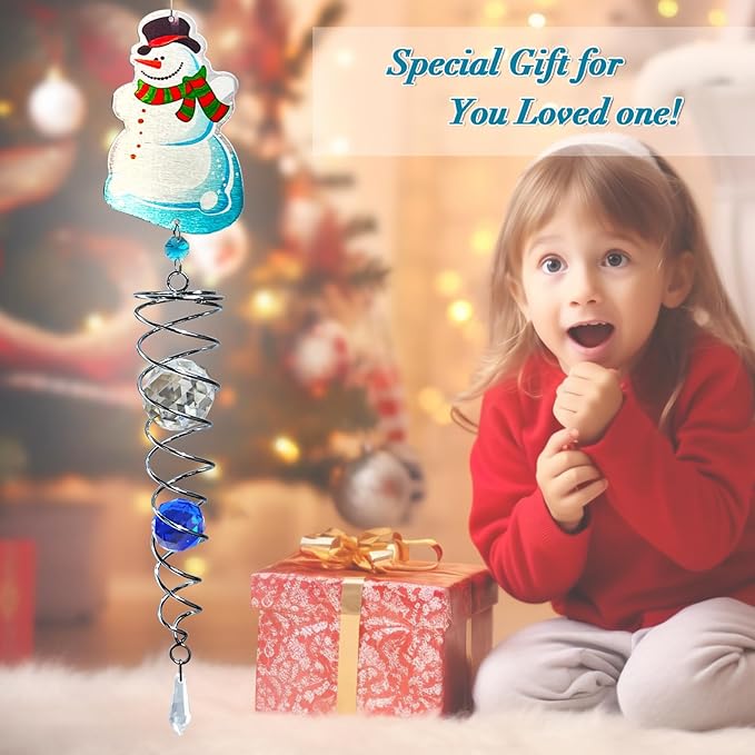 FONMY Snowman Gazing Ball Spiral Decorative Wind Spinner Sun Catcher Rainbow Maker Silver Spiral W/ K9 Crystal Ball Christmas Tree Hanging Ornament Indoor Outdoor Garden Decor. -22 inch H