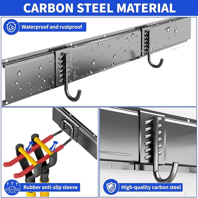 Garage Organization Tool Organizer Wall Mount, 48inch Heavy Duty Garden Tool organizer Storage System, Easy Install With 9 Adjustable Hooks, For Garage, Basement, Shed, Workshop(Black)