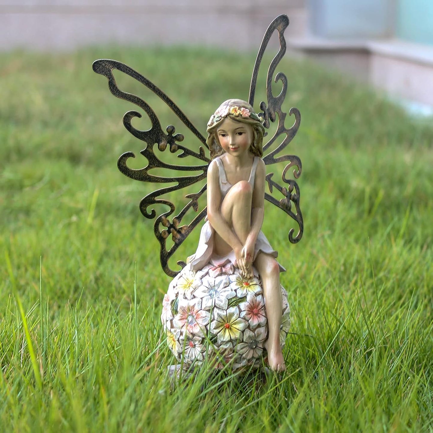 Flower Fairy Garden Decor,Garden Fairy Statues Outdoor,Solar Powered Outdoor Fairy Figurine Accessories,Patio Lawn Yard Porch, Resin Ornaments for Outside Gifts,9.45 Inches Tall