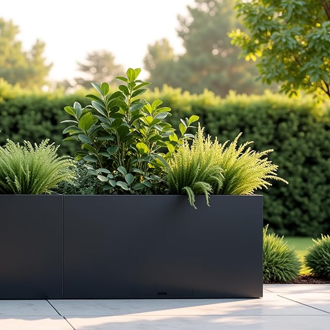 KOL Galvanized Steel Rectangular Planter Box, (16''H.x12''W.x36''L) Large Planters for Indoor Outdoor Plants,Black Powder Coated Metal Planter, Heavy Duty Modern Flower Pot, Commercial & Residential