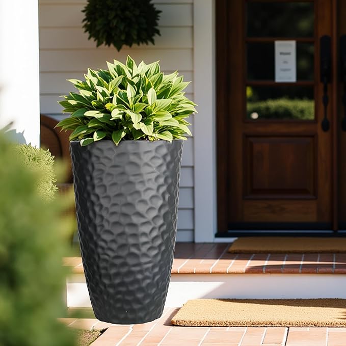 Worth Garden 24" H Tall Hammered Texture Planters Set of 2 - Matte Black Plastic Flower Pot with Drainage Holes, Modern Outdoor Indoor Lightweight Pots for Large Plants, Durable Decor Containers