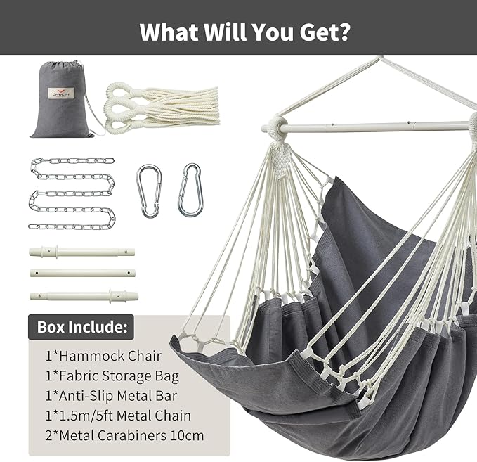Hanging Hammock Chair Swing MAX 500 lbs Outdoor Hanging Chair with Footrest Indoor Swing Chair with Portable Steel Spreader Bar and Hardware Kit for Bedroom Living Room Patio Porch - Dark Grey