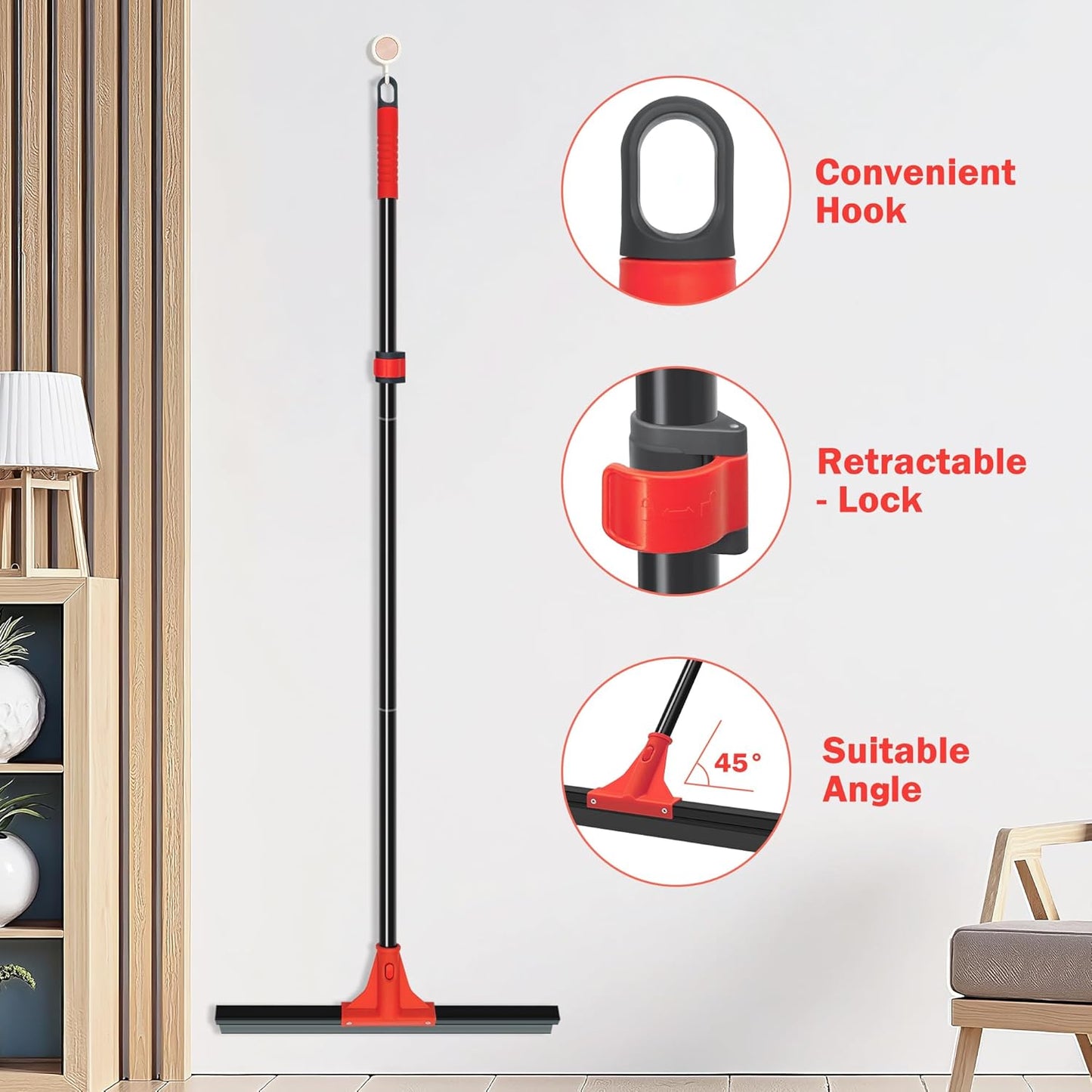 Floor Squeegee with 18'' Silicone Rubber Scraper Head and 58'' Long Adjustable Handle, Heavy Duty Shower Squeegees for Concrete Floor, on Multi-Surface Tile Glass Pool Garage Cleaning