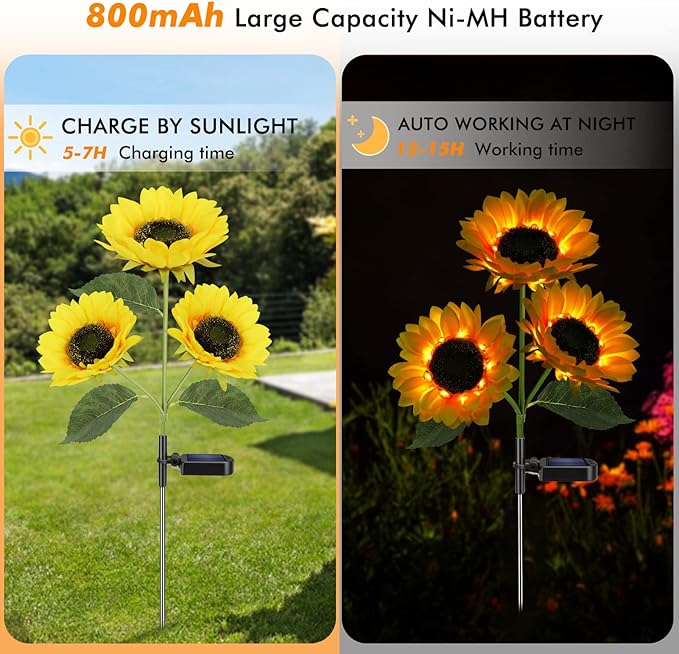 Solar Sunflower Lights, 800mA Solar Garden Light with Real Looking Flowers Outdoor Waterproof Solar Stake Lights for Back Yard, Flower Bed, Pathway, Patio, Porch, Spring Decoration (2 Pack)