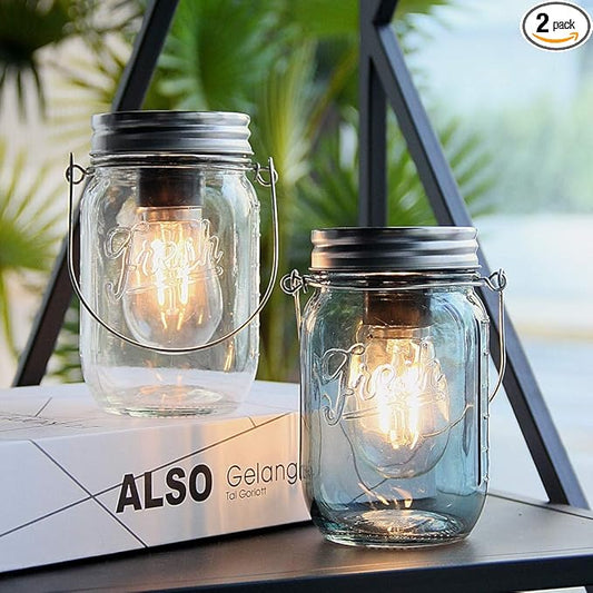 Outdoor Mason Jar Lights Hanging, 2-Pack LED Decorative Garden Lanterns with Timer, Battery Operated Vintage Glass Light for Patio Camping Courtyard Backyard Tree Hallway Stairs Farmhouse (2Color)