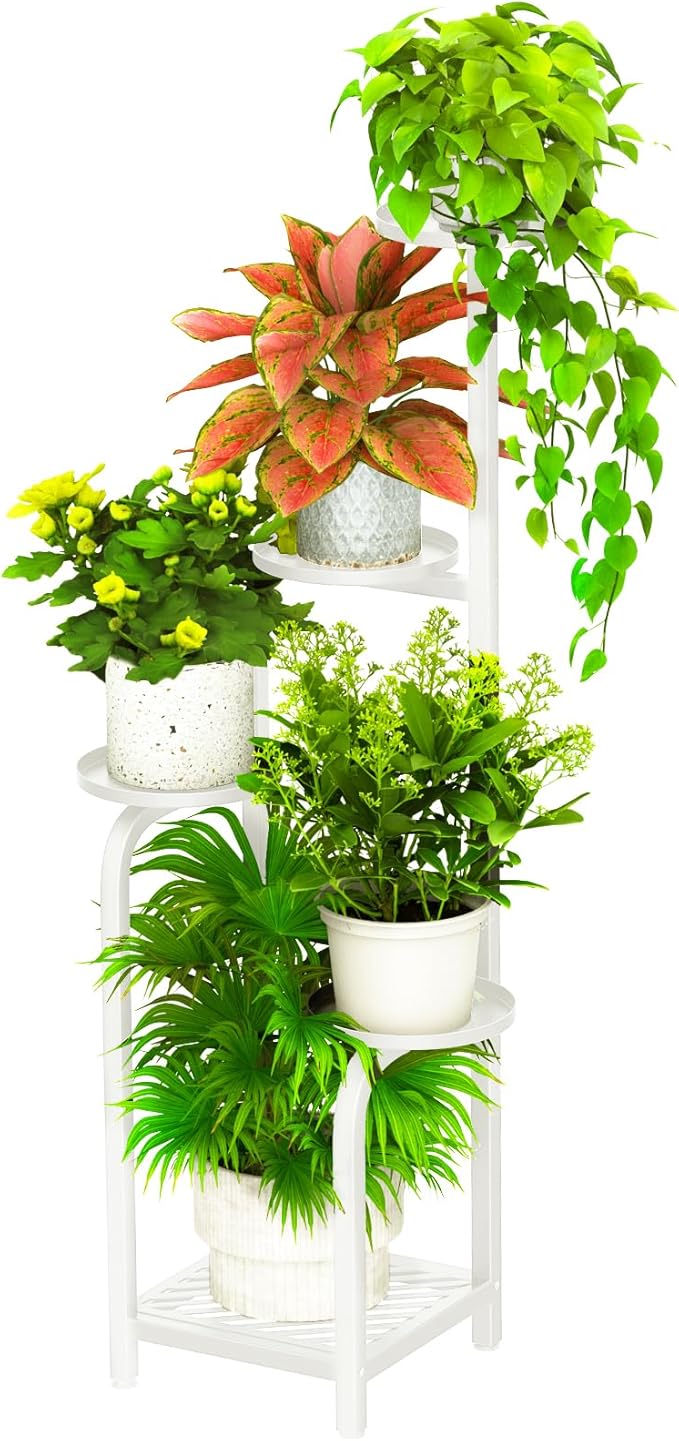 TOSKING 5 Tier Tall Plant Stand Indoor Outdoor, Heavy Duty Corner Shelf for Plants & Decor, Space Saving 3.9FT Metal Flower Pot Stand for Balcony, Garden, Living Room, Patio (White, 47in)