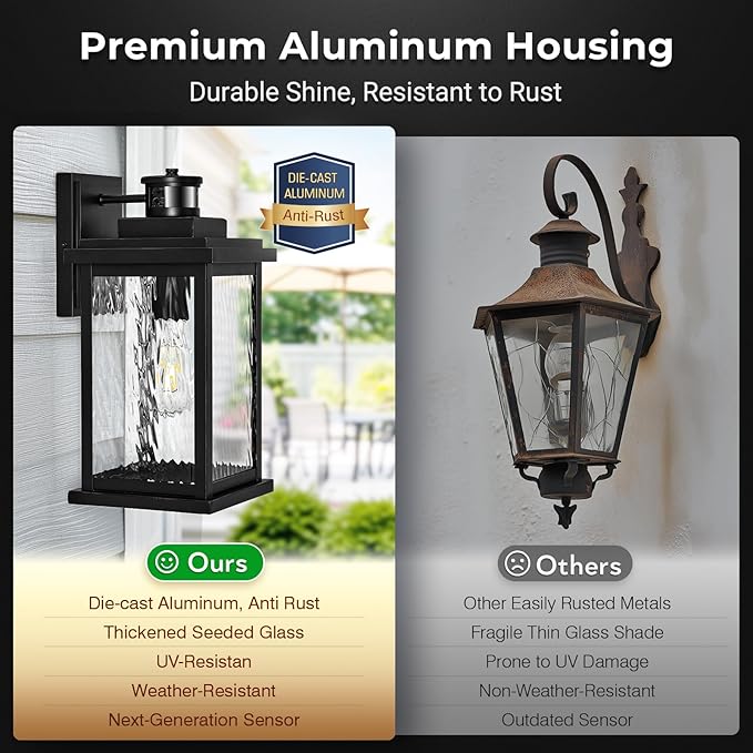 VIANIS Large Advanced Motion Sensor Outdoor Lights, Black Easy-to-Install Dusk to Dawn Outdoor Wall Lights, Aluminum Waterproof Porch Light with Water Glass for Porch, Garden, Front Door
