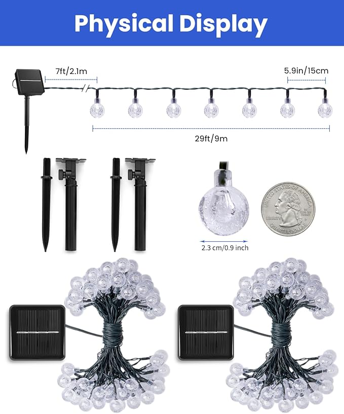 Solar String Lights Outdoor Waterproof, 2 Pack 60 LED 36.5 FT Each, 8 Lighting Modes Solar Powered Patio Lights for Garden Yard Porch Wedding Party Decor (Blue)