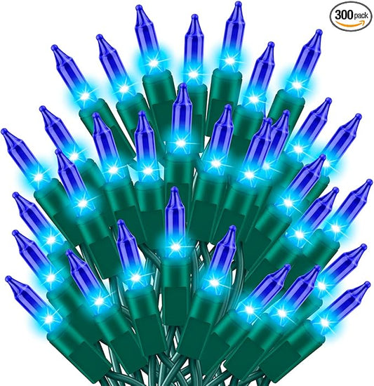 Ultra-Bright Connects End to End Blue Christmas Mini Light 300L 63.8Ft(2Sets-Each 150L)UL Listed Incandescent Bulb String Light for Indoor Outdoor Holiday Garden Party Christmas Tree Decor