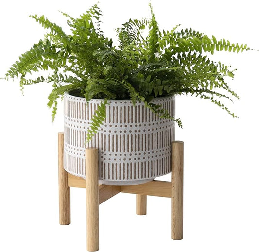 LA JOLIE MUSE Ceramic Plant Pot with Wood Stand - 7.3 Inch Modern Round Decorative Flower Pot Indoor with Wood Planter Holder, Beige and White