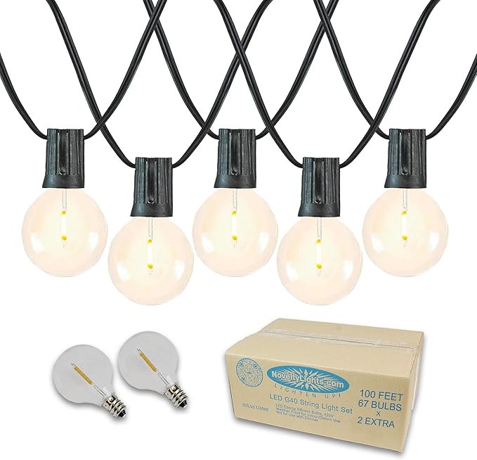 Novelty Lights 100 Feet G40 LED Patio String Lights with 67 Bulbs, Warm White, Weather Resistant and Shatterproof Replaceable Plastic Globe Bulbs, Black Wire