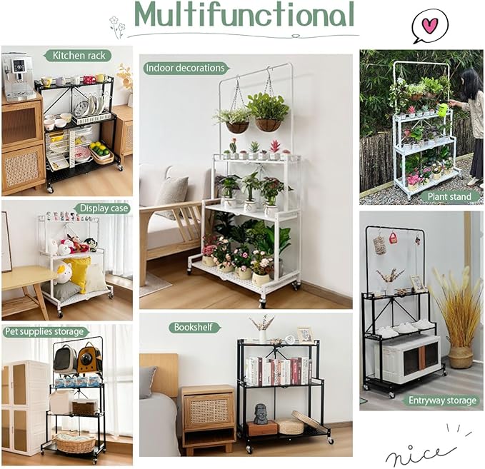 lumizone Foldable 4-Tier Plant Stand Indoor Outdoor Hanging Plant Shelf No Assembly Required Pot Placement Area With Wheels Sturdy Fall Prevention Storage Shelf Flower Pot Stand(4 Tier-Black)