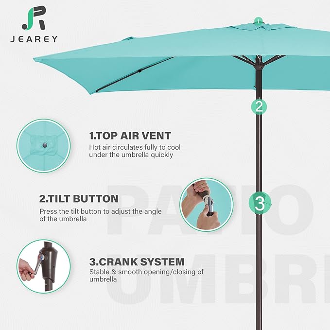 JEAREY 6.5x10 ft Rectangular Patio Umbrellas Outdoor Market Umbrella with Push Button Tilt and Crank, Rectangle Table Umbrella 6 Sturdy Ribs UV Protection for Pool Garden Backyard Deck, Peacock Blue