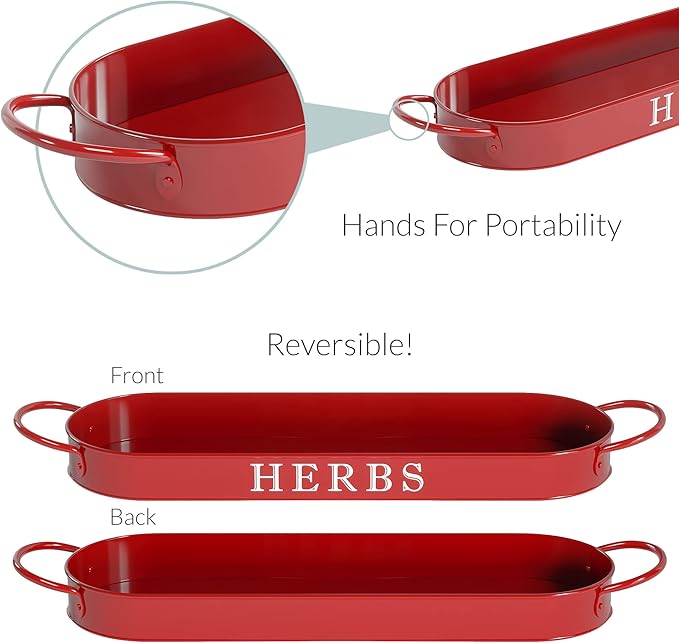 Barnyard Designs Indoor Herb Garden Planter Set with Tray, Metal Windowsill Plant Pots with Drainage for Outdoor or Indoor Plants, Set/3 (Brick Red)