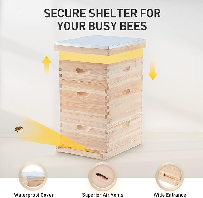 CREWORKS Bee Hive Boxes Starter Kit, 3 Layer Bee House Langstroth Beehive for Bees Keeping, Beekeeping Supplies with Plastic Queen Excluder and Nails (10 Medium and 20 Deep Frames)