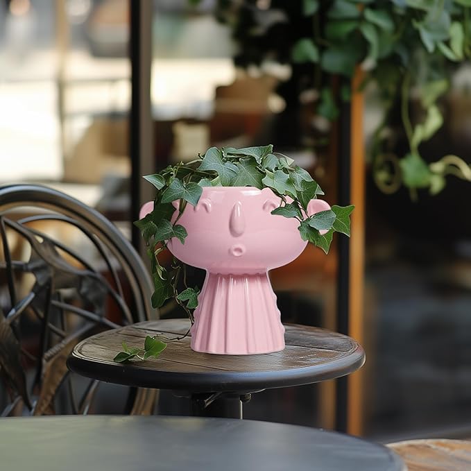 Face Pots for Plants - 7 Inch Ceramic Face Planters Pots Head for Indoor Outdoor, Small Funny Succulent Planters with Drainage Hole, House Room Apartment Decor, Gifts for Women, Bright Pink