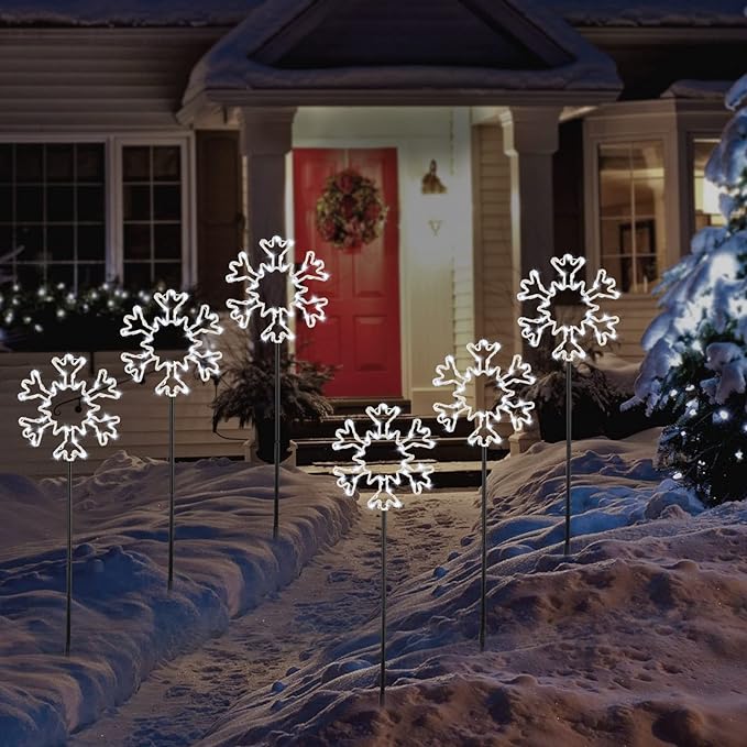 Snowflake Lights Outdoor, 5 Large Snowflake Christmas Pathway Lights Outdoor Christmas Decorations Yard Sidewalk Walkway Driveway Marker Stake, White