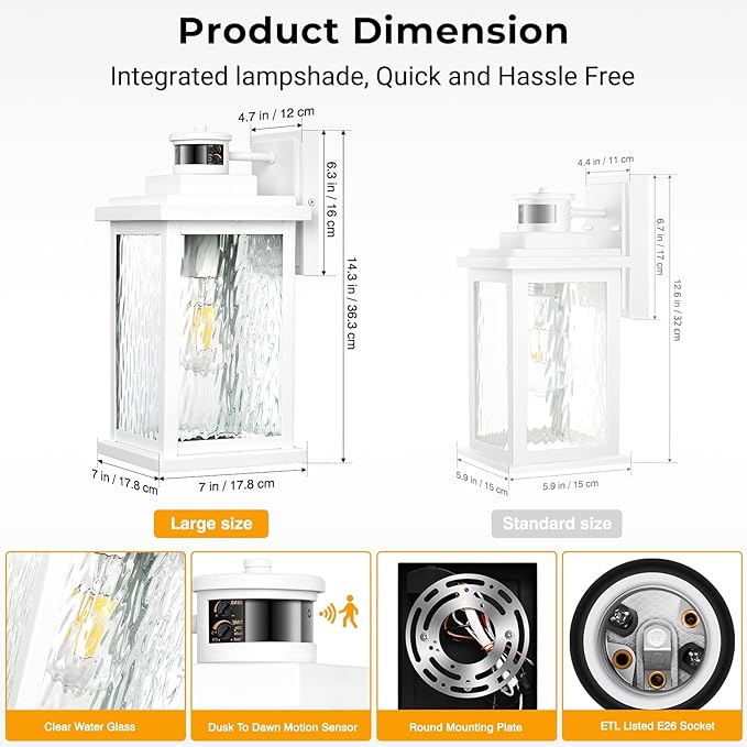 VIANIS Large Adjustable Sensitivity Motion Sensor Exterior Porch Lights, White Dusk to Dawn Outdoor Lighting, Anti-Rust Waterproof Front Porch Light for Garage, Front Door