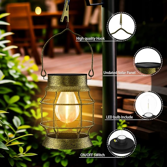 Solar Lantern 2 Pack Solar Outdoor Lights Metal Hanging Lights for Outside Waterproof Retro Design with Edison Bulb Decorative for Patio Porch Fence Garden Lawn