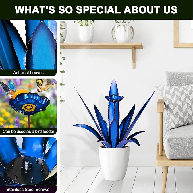 Upgraded Large Metal Yard Art, Metal Agave Plant Yard Decorations Outdoor Sculpture, Metal Flowers for Outside, Waterproof Outdoor Garden Decor (Blue+ Bird Feeder)
