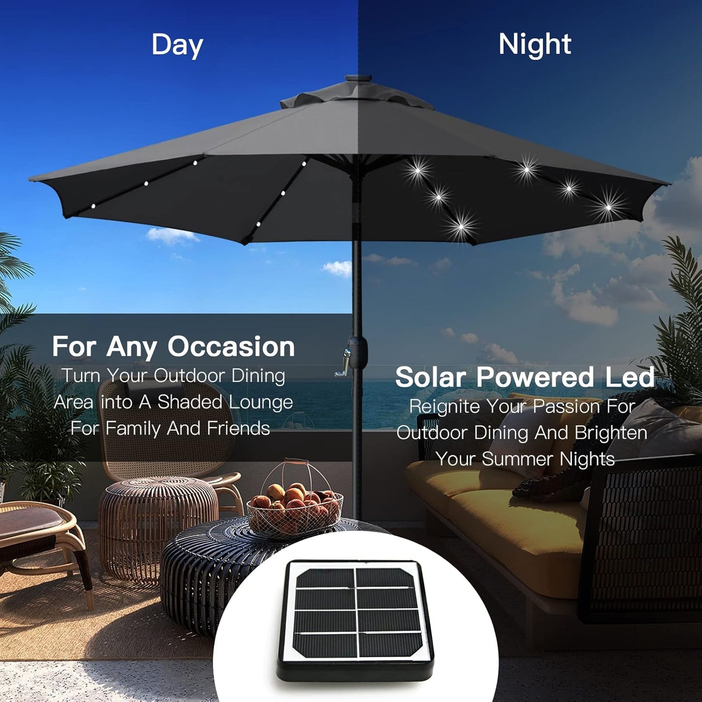 Sunnyglade 9' Solar LED Lighted Umbrella with 8 Ribs Adjustment and Crank Lift System for Patio (Grey)