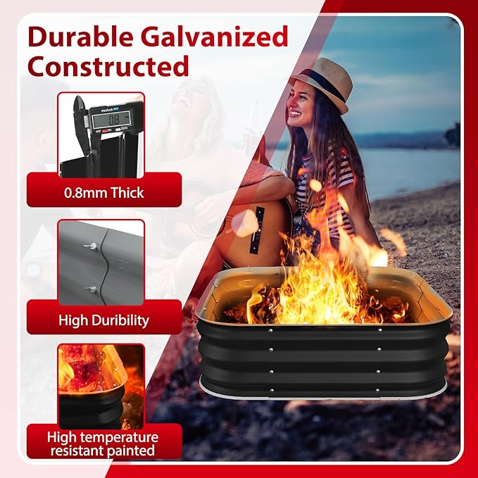 Fire Pit 48 Inch, Square Galvanized Steel Fire Pit for Outside, Heavy Duty Steel Fire Pit In-Ground for Backyard, Camping, Bonfire, Flower Raised Garden Bed for Garden, 11 Inch High