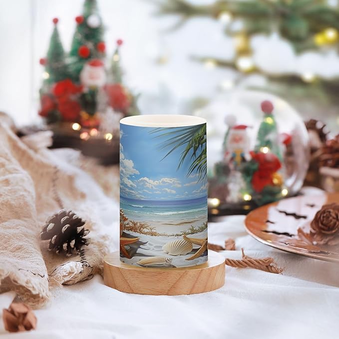Flickering Flameless Candles, Starfish Seashell Beach Palm LED Candles with Remote Timer, Set of 2 Battery Operated Candle for Valentine Wedding Birthday