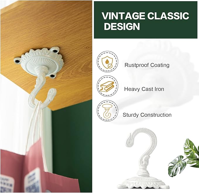 Sungmor Heavy Duty Ceiling Hooks for Hanging Plants, 2PC White 3.5x3.9Inch Large Cast Iron Ceiling Hooks, Antique Decorative Ceiling Swag Hooks for Hanging Planter Chandelier Wind Chime Lantern Hanger