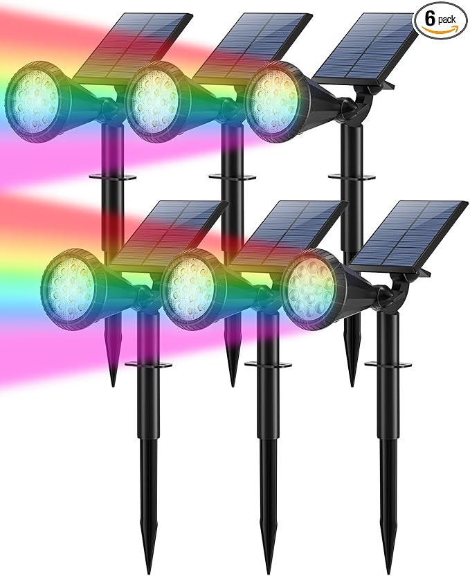 Color Changing Solar Spot Lights Outdoor Waterproof 180° Adjustable Colored RGB Solar Powered Landscape Lights for Yard 7 Lighting Modes Solar Spotlights for Pathway Garden Outside (6 Pack)