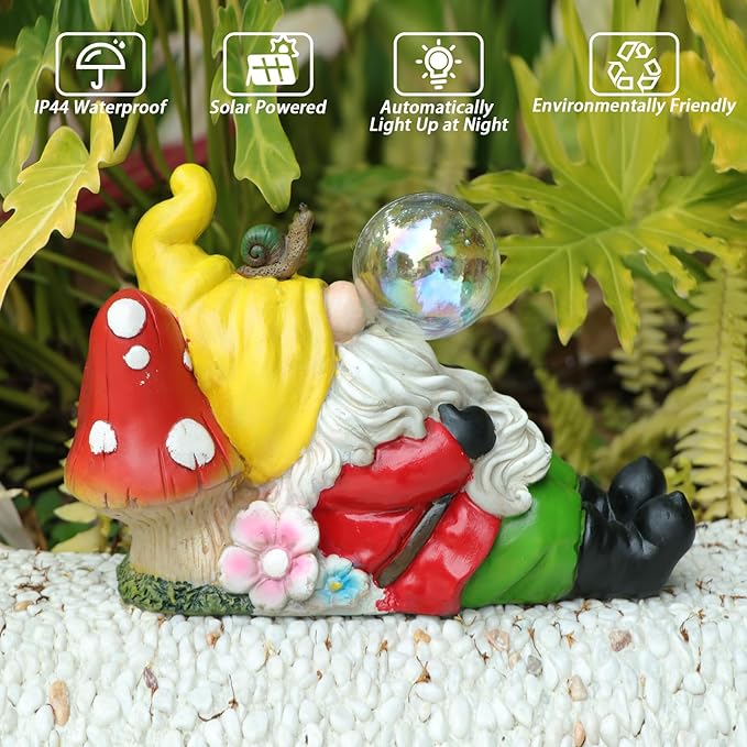 Garden Gnome Statue Outdoor Decor, Funny Gnome Figurine Lying on Mushroom with Crackle Globe Lights, Waterproof Resin Sculptures Lawn Ornament Tabletop Decorations for Porch Yard Decor