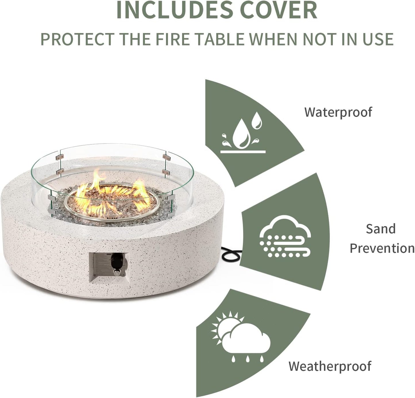 COSIEST Outdoor Propane Fire Pit Coffee Table w Terrazzo White 42 inch Round Base Patio Heater, CSA Certified, 50,000 BTU Stainless Steel Burner, Wind Guard, Transparent Gray Fire Glass, Rain Cover