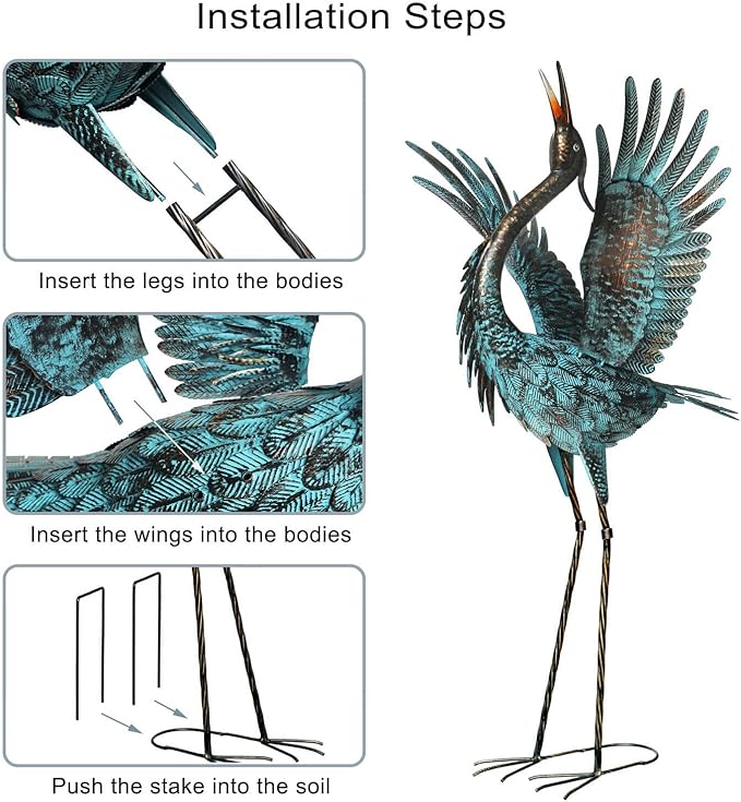Natelf Garden Crane Sculptures & Statues, Blue Heron Decor Outdoor Large Bird Yard Art, Standing Metal Herons Lawn Ornaments for Home Patio Porch Backyard Decorations(Set of 2)