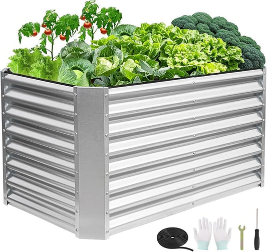 4x2x2ft Raised Garden Bed - Galvanized Deep Root Planter Boxes Outdoor with Wing Nuts and Safety Edges for Gardening Vegetables, Flowers, Herbs, Succulents - Silver