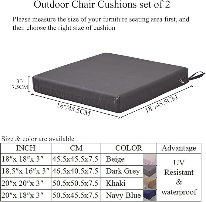 18 x 18 Inch Outdoor Chair Cushions for Patio Furniture, UV Resistant Non Slip Waterproof Replacement Patio Seat Cushion with Ties Set of 2, Dark Grey