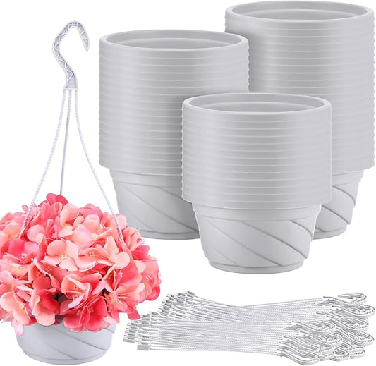Tioncy 50 Pcs Plastic Hanging Planter Round Hanging Pot for Plants Containers with Hook Flower Plant Pots Holders for Outdoor Indoor Plant Balcony Garden Decor(Gray White)