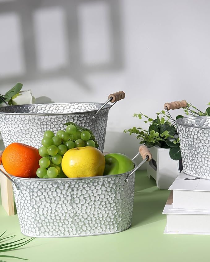 Galvanized Oval Planter Tubs for Outdoor Plants - Farmhouse Small Metal Tin Buckets with Drain Hole & Rubber Plug Medium Plant Containers with handles vintage style for decor, Set of 3 (Stone Pattern)