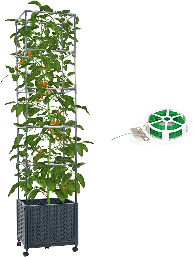 Raised Garden Bed with Tomato Cage 67.6” Self Watering Tomato Planter Boxes with Trellis Wheels for Outdoor Climbing Flowers Vegetable Vine Vegetables