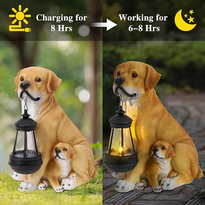 Afirst Solar Dog Statue Garden Decor- Outdoor Decor with Solar Lantern Lovely Labrador Mom with Baby Figurine Patio Lawn Yard Art Ornaments Housewarming Gift
