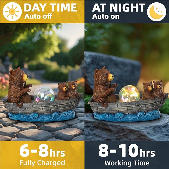 Solar Bears Boating Statue with Ball Light 5" Resin Bear Figurines Waterproof Bear Decorations for Home Yard Patio Porch Balcony Best Garden Gifts for Women Mothers Grandmothers Sisters