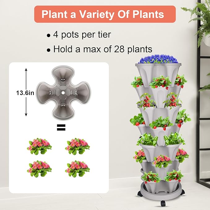 DUNCHATY Stackable Planter with Removable Wheels and Tools, Garden Planting Tower Planters, Indoor Outdoor Gardening Pots - 7 Tier Vertical Garden Planter