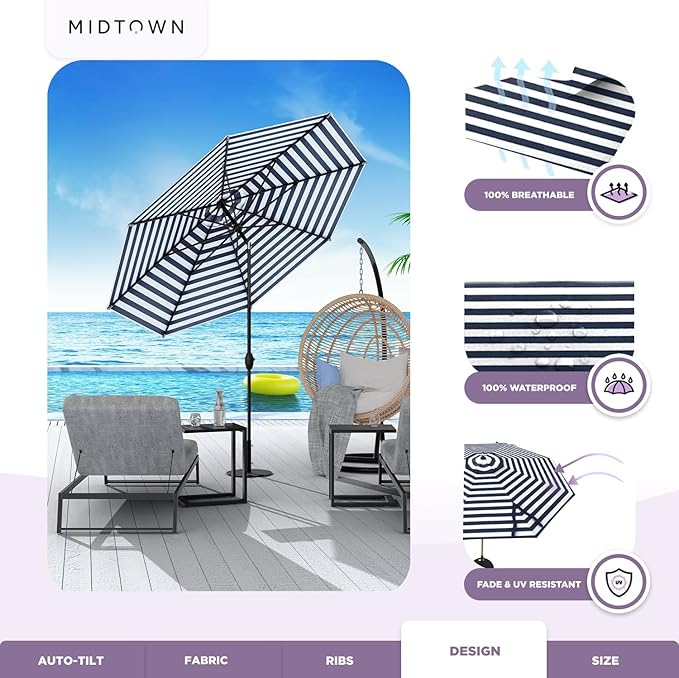 Midtown Umbrellas 10-Year-No-Fade - 8 Ft - UV Proof Navy/White Stripes Fabric - Umbrella Outdoor Patio, Auto-Tilt Aluminum Frame Patio Umbrella for Garden, Pool & Deck - Black Pole